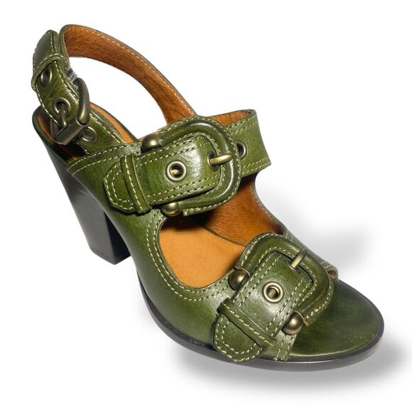 Frye Amy Sling Back Green Genuine Leather Heels Sandals Women's Shoes Size 6.5 M - Picture 1 of 11